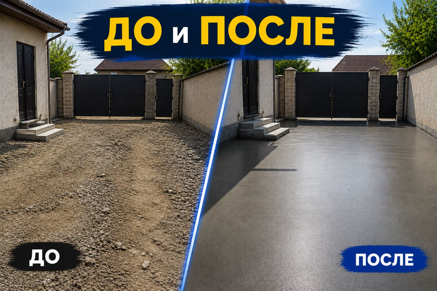 Стяжка двора До и После — Шымкент